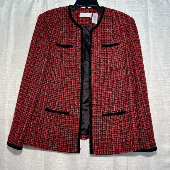 Alfred Dunner Women's Size 12 Red/Black Tweed Open Front Blazer Jacket - Picture 1 of 8